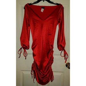 Vintage K TOO Plunge Neckline Satin Ruched 90s Long Sleeve Bodycon Dress